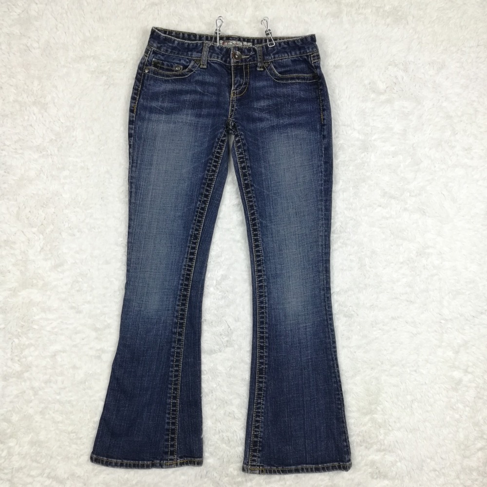 BKE Womens Jeans Star Flare Blue Denim Dark Wash Low Rise Whiskering 26